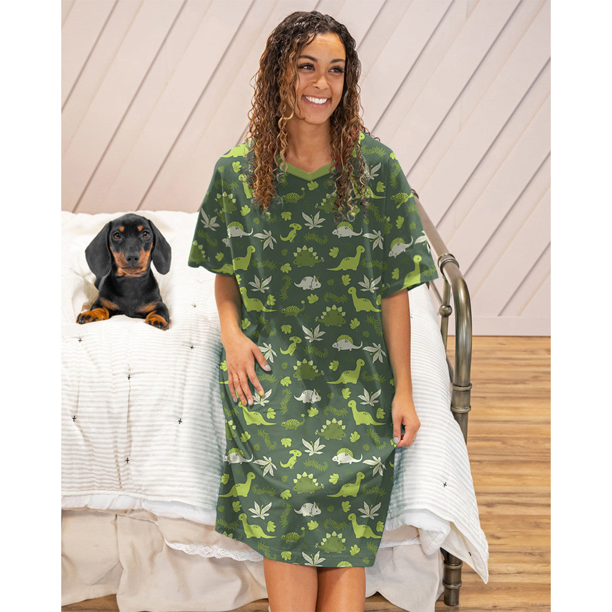 Dinosaur Pajabears® V-Neck Nightshirts Green Pattern Tn22