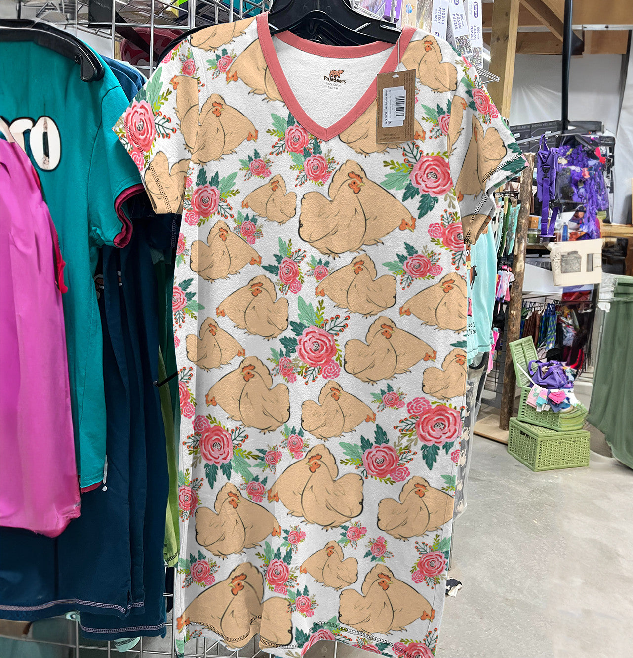 Chicken Pajabears® V-Neck Nightshirts Slump Chickens Floral Tl10