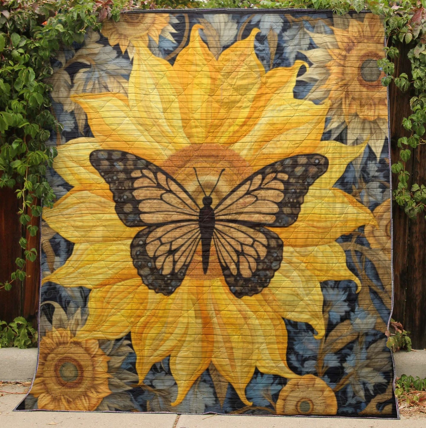 Vintage Butterfly On Sunflower - All Season Faux Quilt Kl9