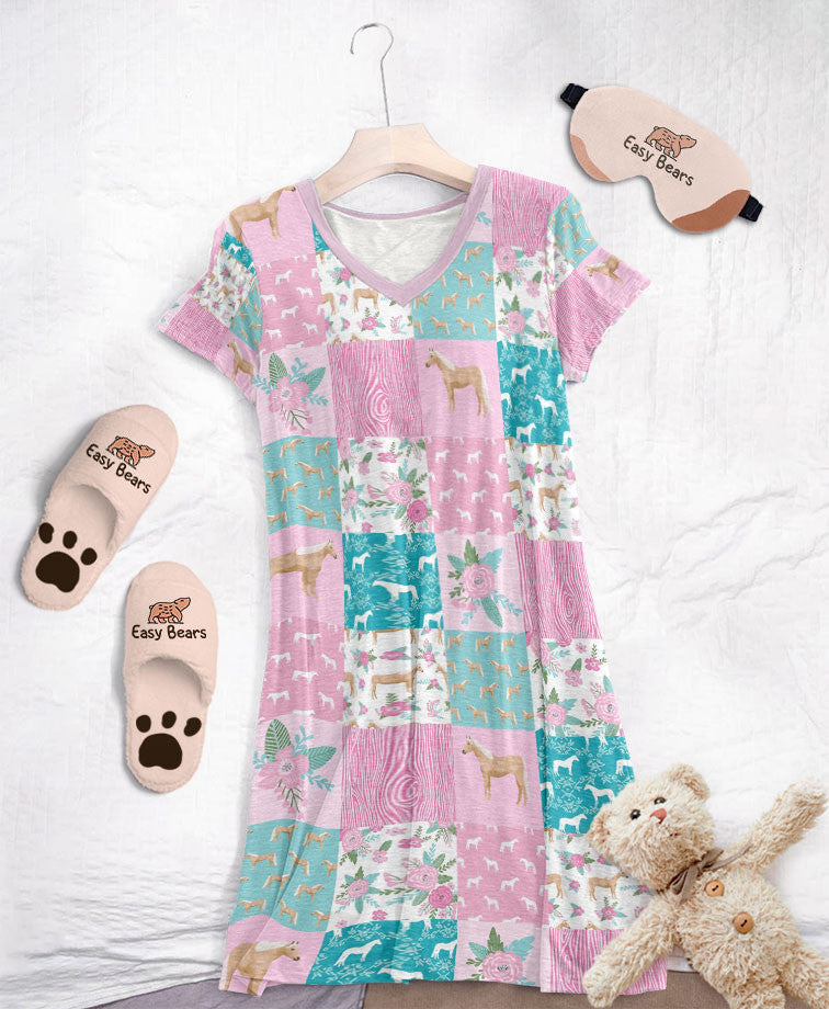 Horse Pajabears® V-Neck Nightshirts Pink Horse Pattern Hc2