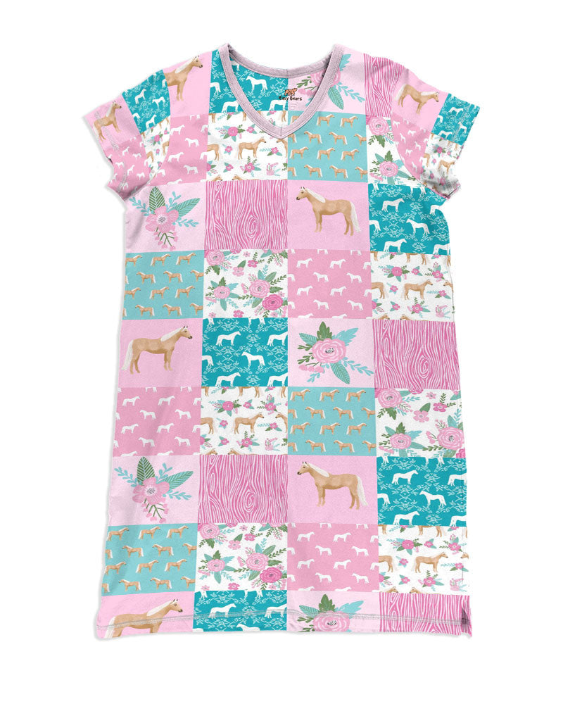 Horse Pajabears® V-Neck Nightshirts Pink Horse Pattern Hc2