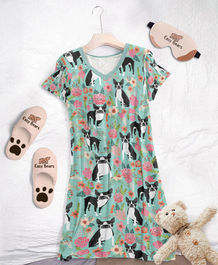 Boston Terrier Pajabears® V-Neck Nightshirts Cute Dogs Hc2