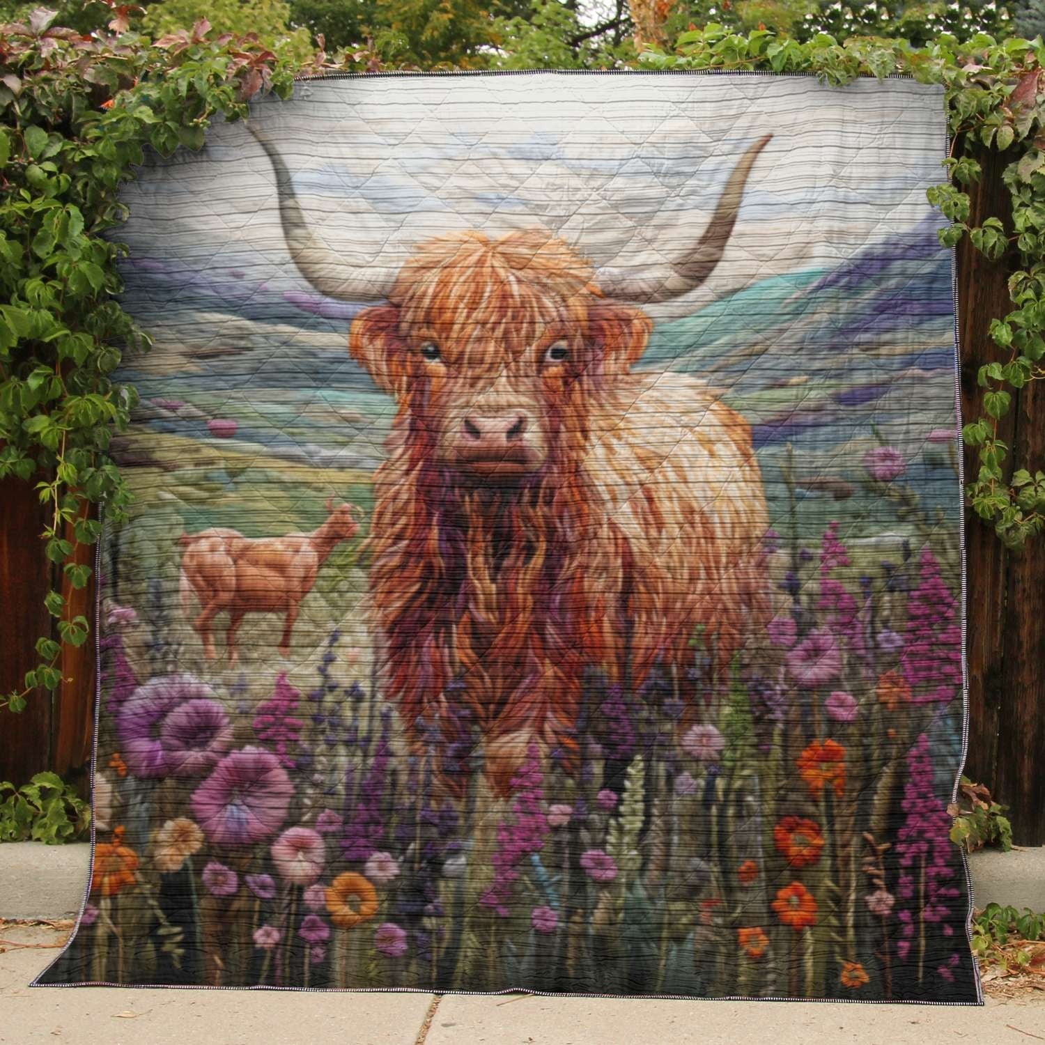 Highland Cow On Flower Field - All Season Faux Quilt Kl9