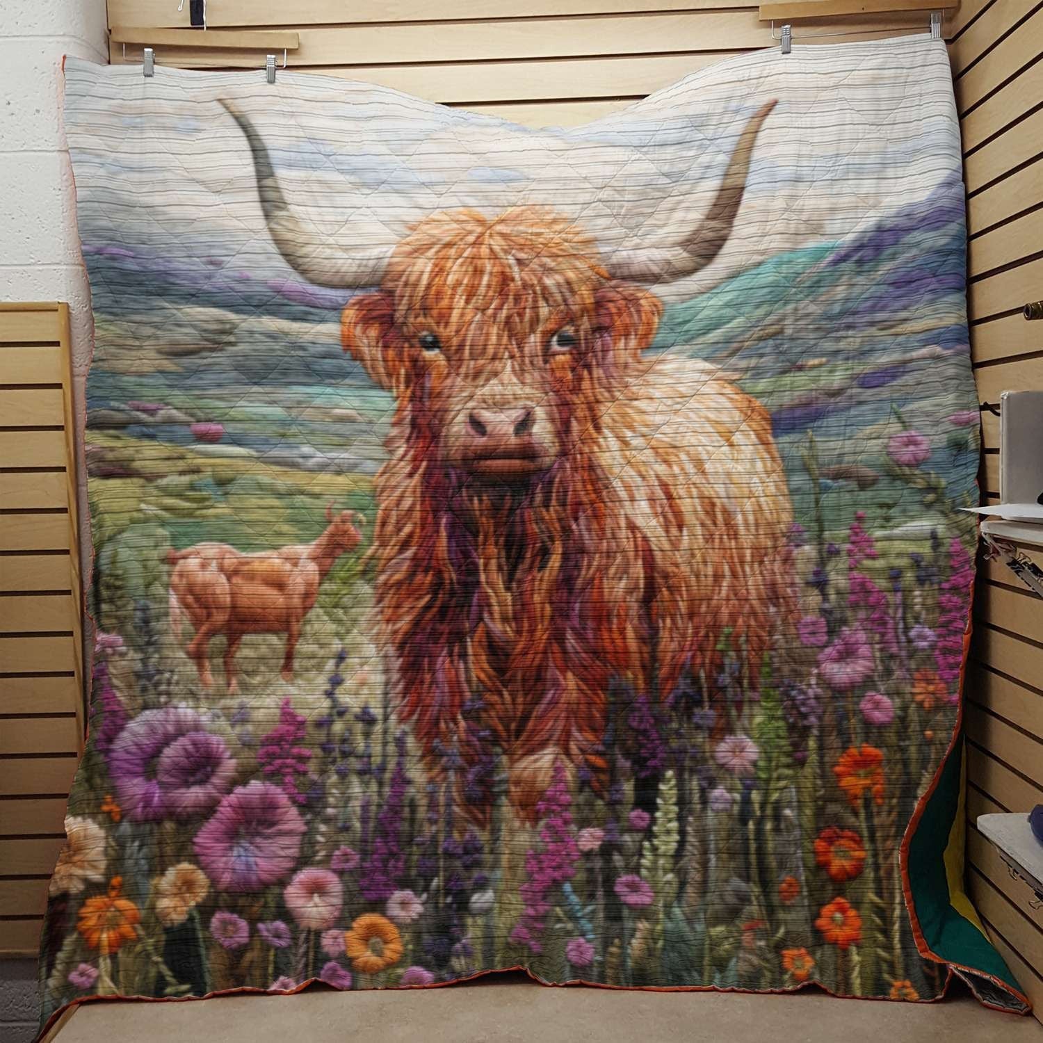 Highland Cow On Flower Field - All Season Faux Quilt Kl9