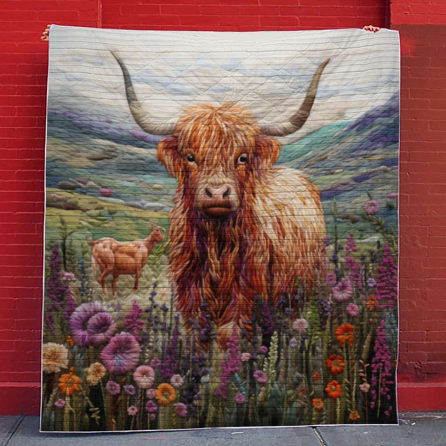 Highland Cow On Flower Field - All Season Faux Quilt Kl9