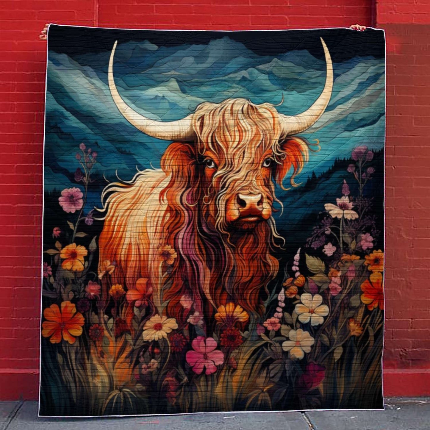 Highland Cow On Flower Field V2 - All Season Faux Quilt Kl9