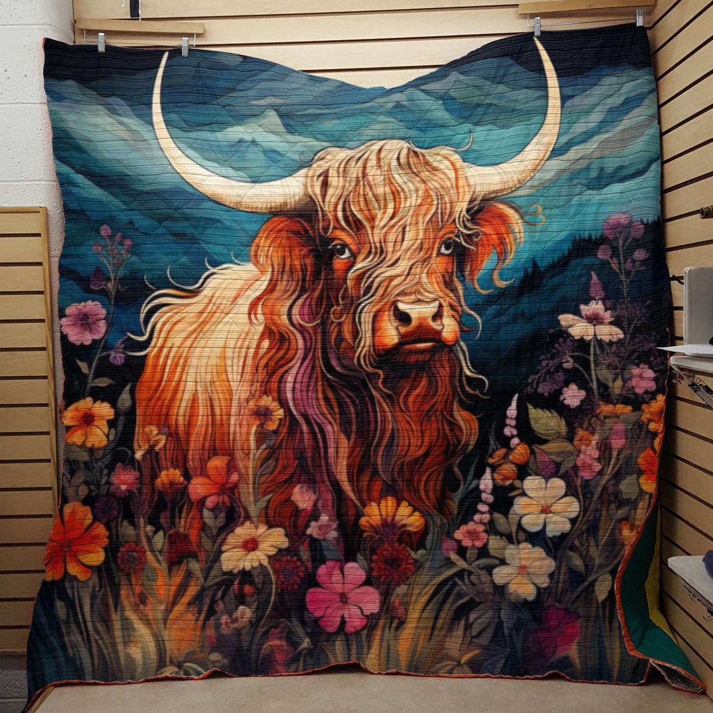 Highland Cow On Flower Field V2 - All Season Faux Quilt Kl9