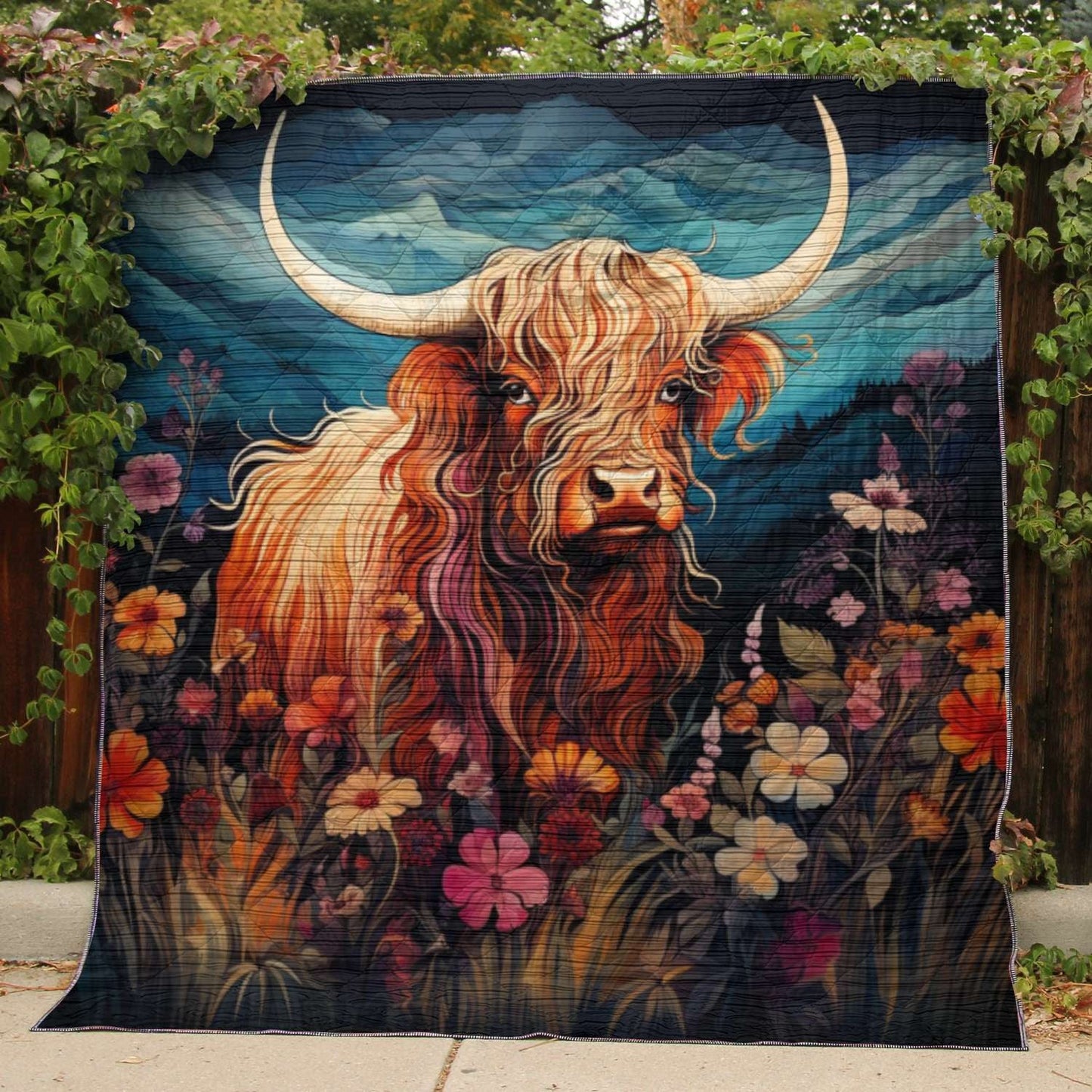 Highland Cow On Flower Field V2 - All Season Faux Quilt Kl9