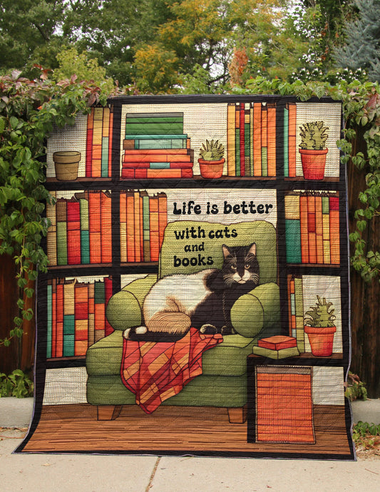 Life Is Better With Cats And Books - All Season Faux Quilt Kl9 Throw (55’ X 60’) / Calico Cat