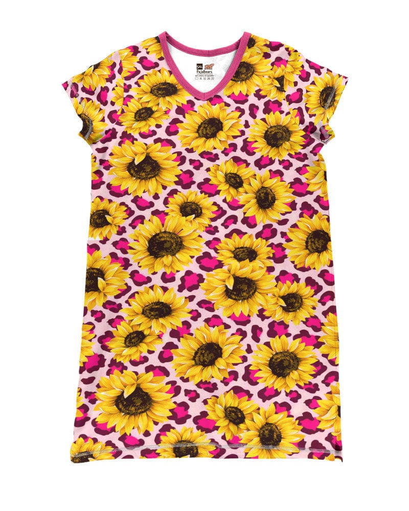 Sunflower Pajabears® V-Neck Nightshirts Pink Leopard Sunflowers Tl10