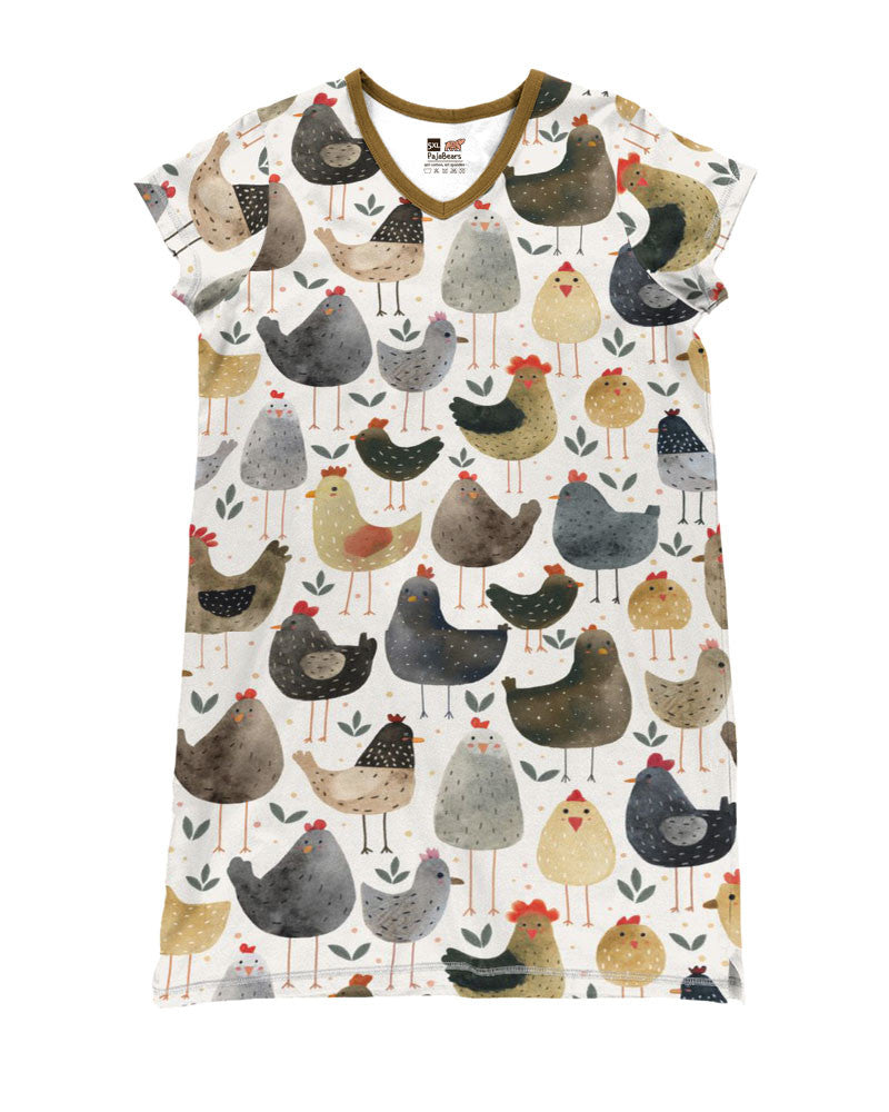 Chicken Pajabears® V-Neck Nightshirts Chickens In Garden Hc2