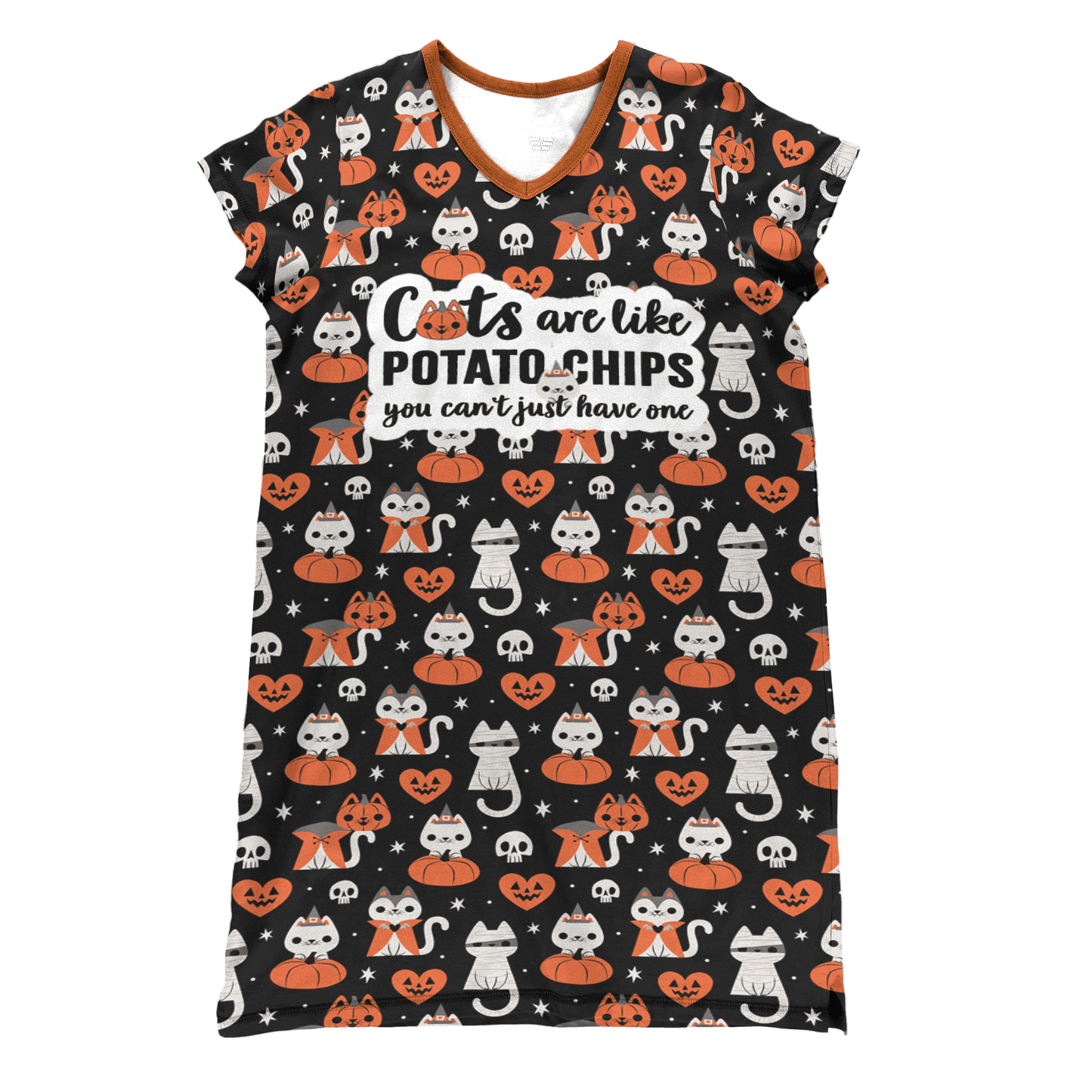 Cat Pajabears® V-Neck Nightshirts Cats Are Like Potato Chips Halloween Qd5