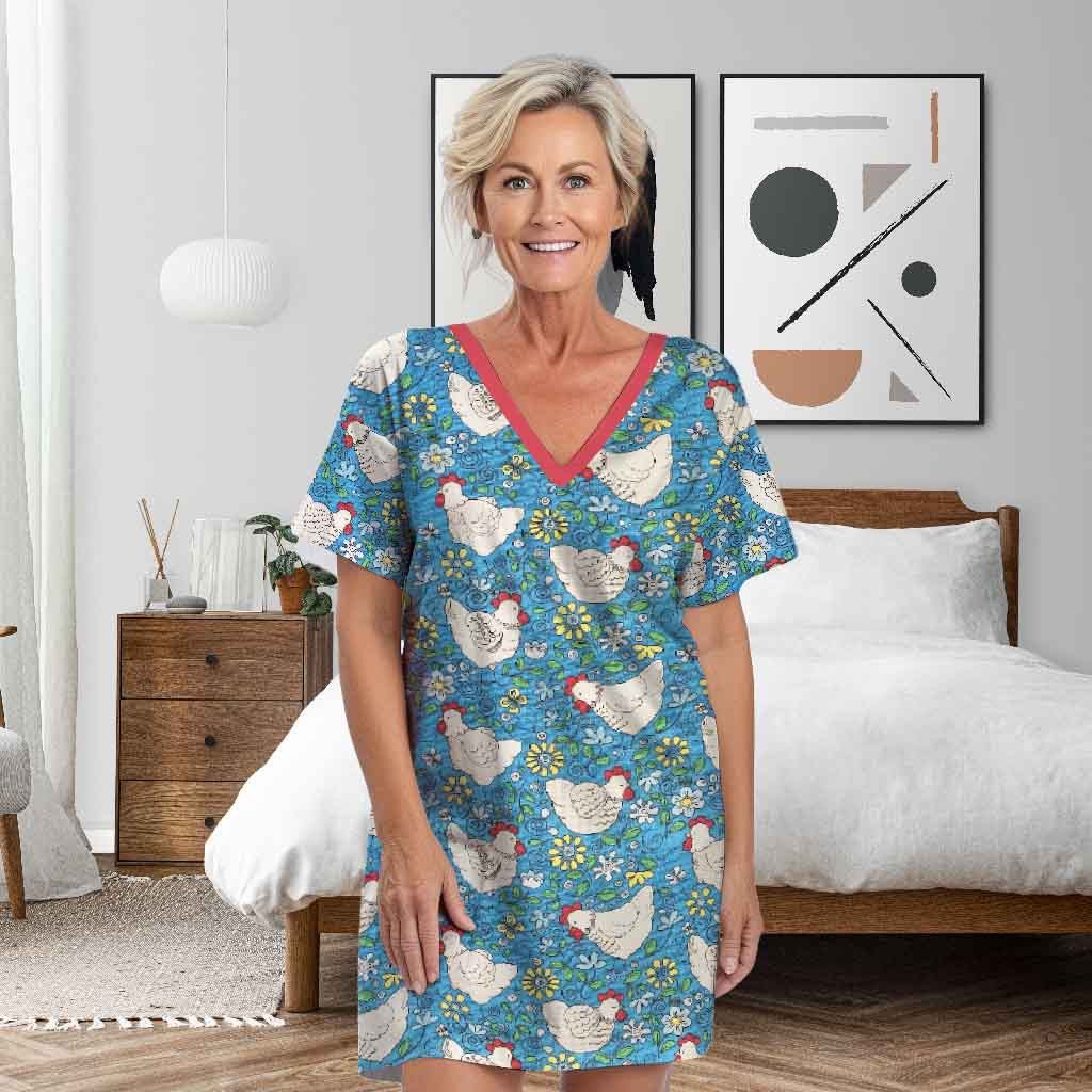 Chicken Pajabears® V-Neck Women’s Nightshirts Beautiful Chickens Qa55