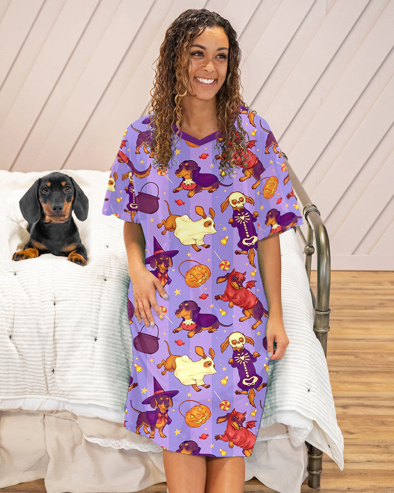 Halloween Dachshund Pajabears® V-Neck Nightshirts 01 Hg23