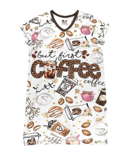 Coffee Pajabears® V-Neck Nightshirt But First Coffee Lk8