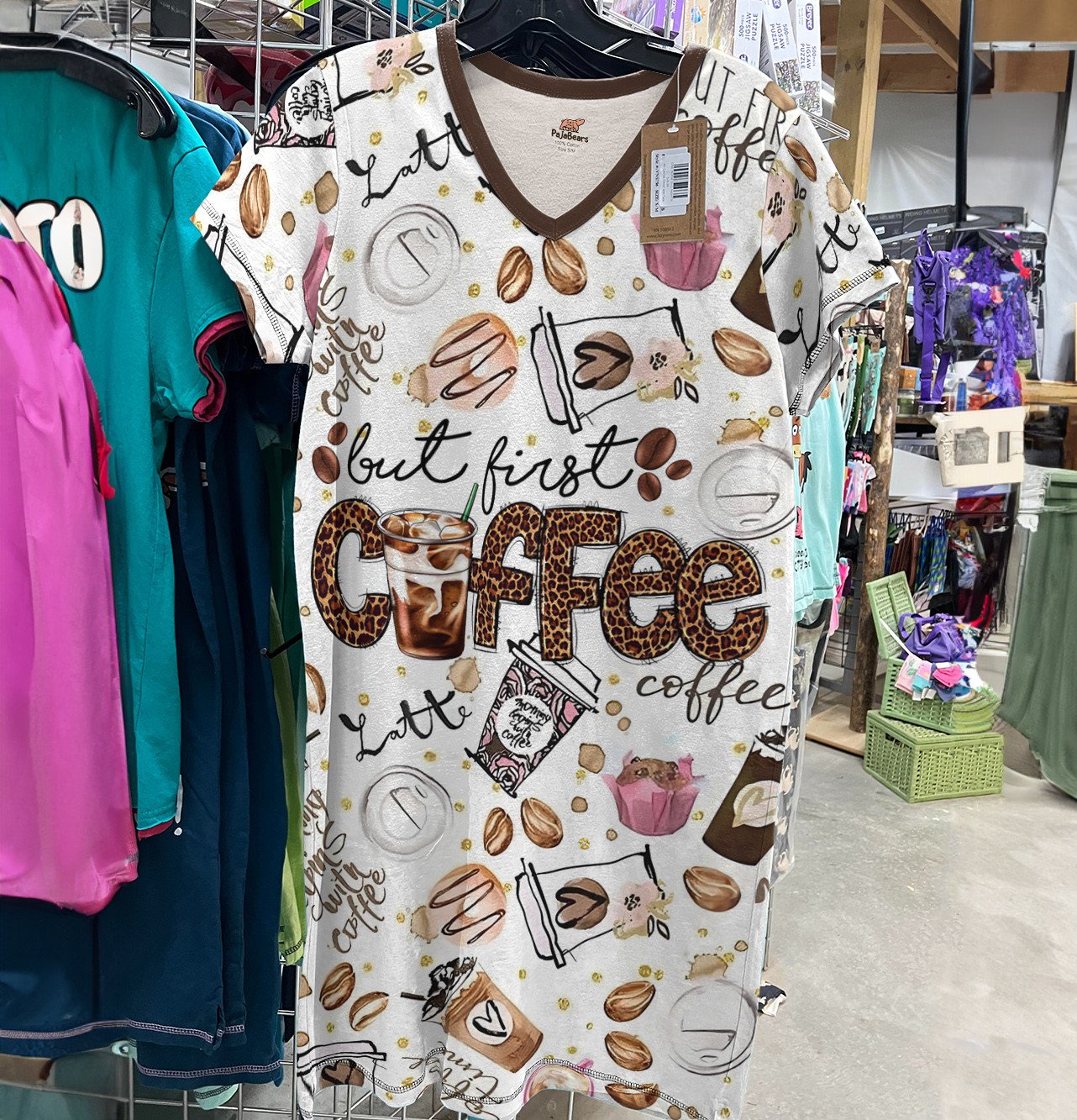 Coffee Pajabears® V-Neck Nightshirt But First Coffee Lk8