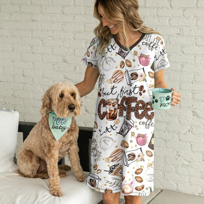 Coffee Pajabears® V-Neck Nightshirt But First Coffee Lk8