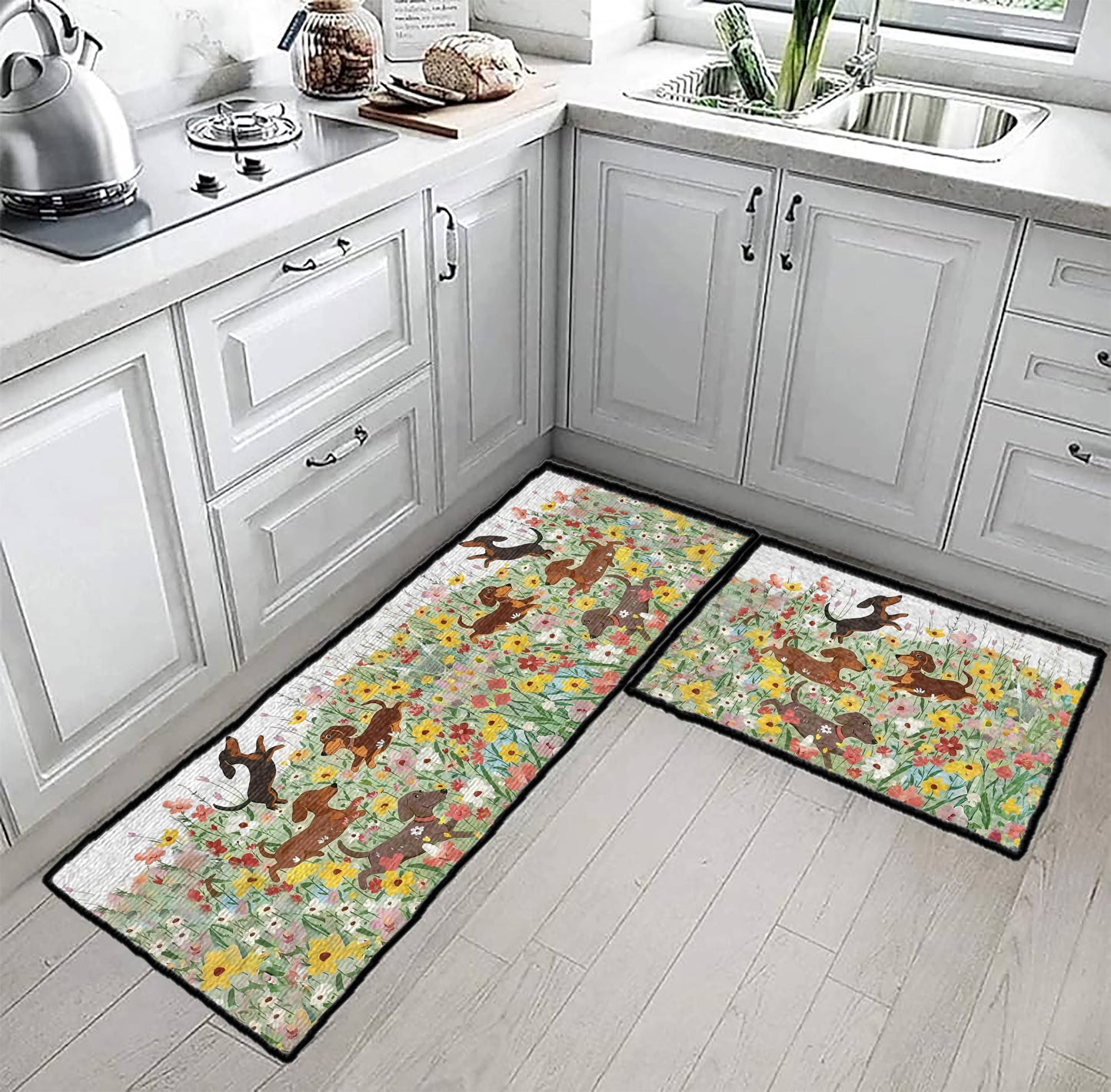 Tapis de sol antidérapant ultra fin, tapis de cuisine Teckel dans un jardin fleuri