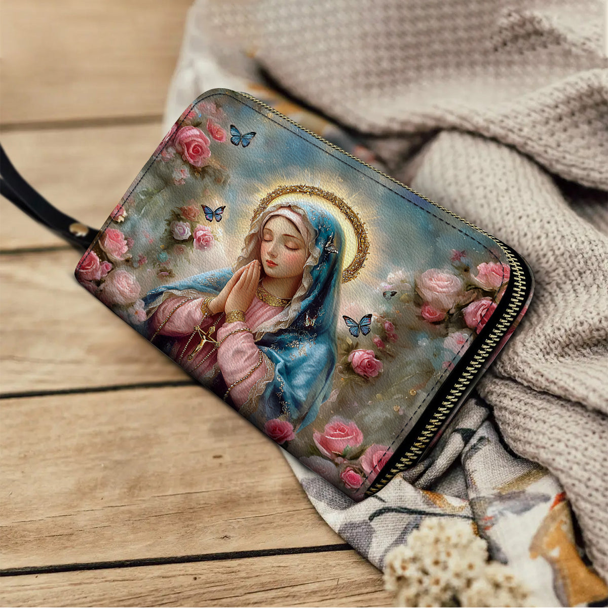 Shineful Leather Clutch Purse With Wristlet Strap Handle Holy Rosary