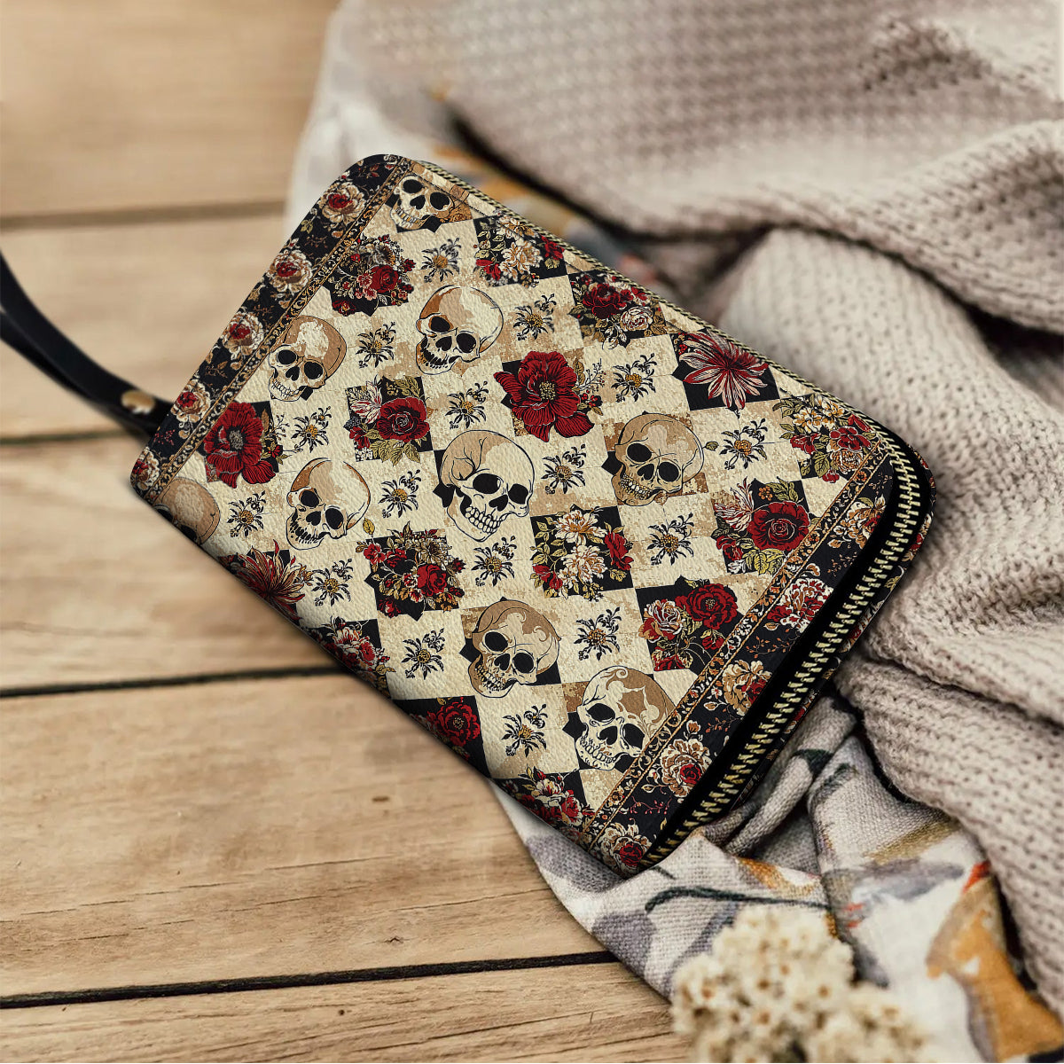 Shineful Leather Clutch Purse With Wristlet Strap Handle Elegant Skull Roses