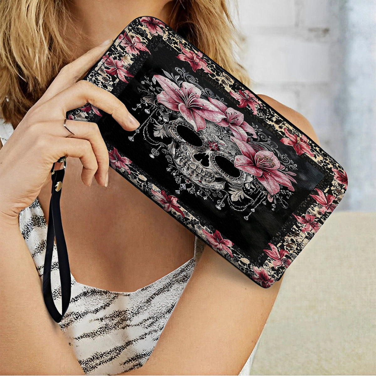 Shineful Leather Clutch Purse With Wristlet Strap Handle Beautiful Sugar Skull With Lilies