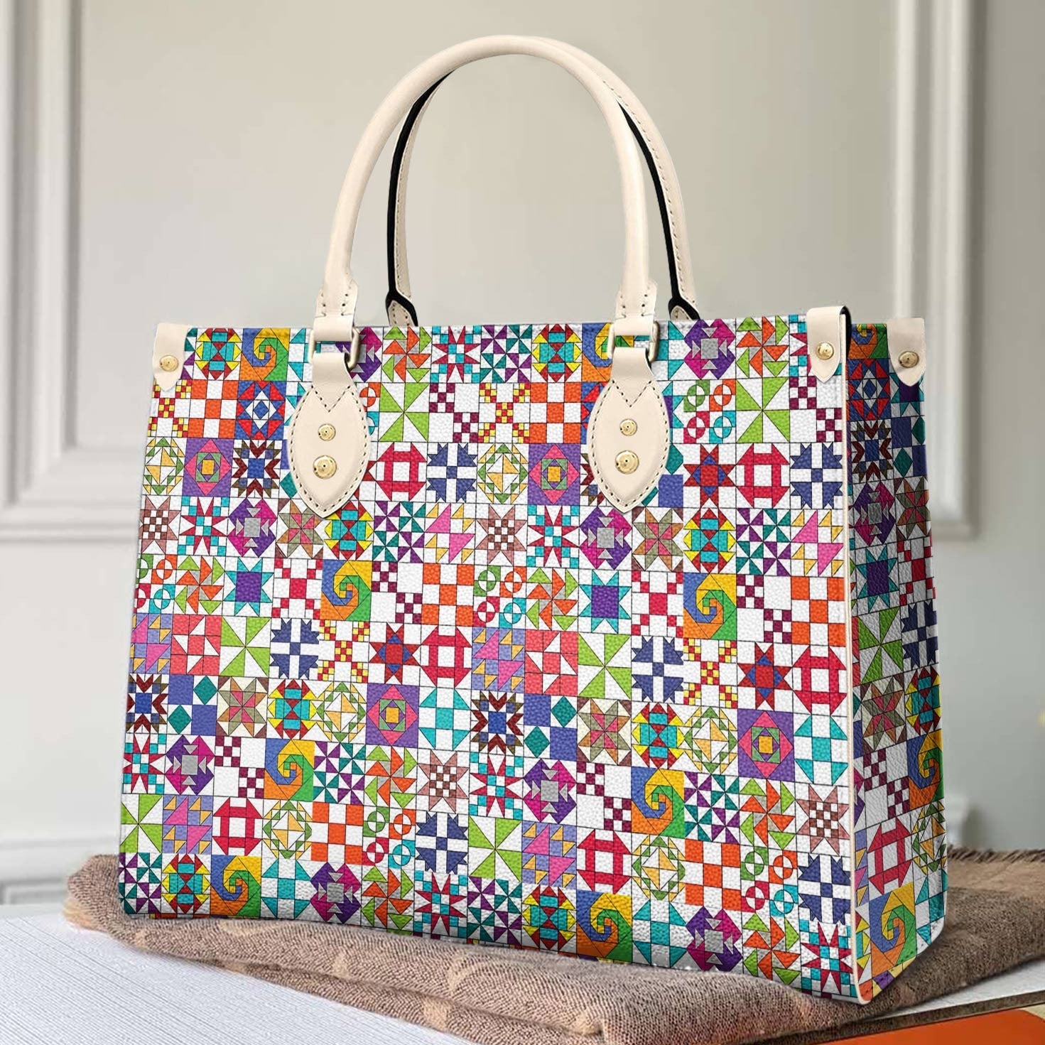 Quilting Leather Bag Shineful Colorful Blocks Tl10 Creamy White