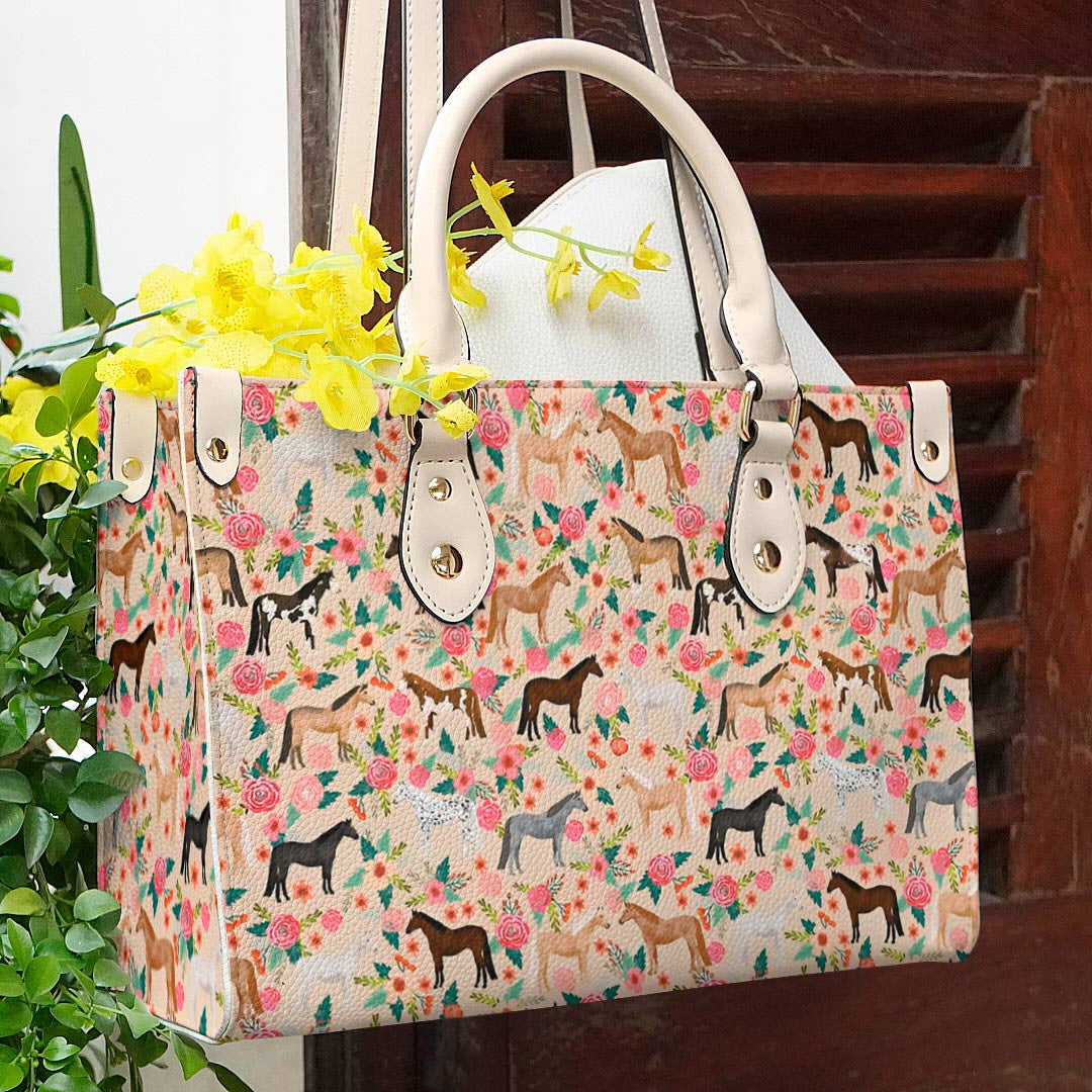 Horse Leather Bag Shineful Floral Horses Lk8 Creamy White