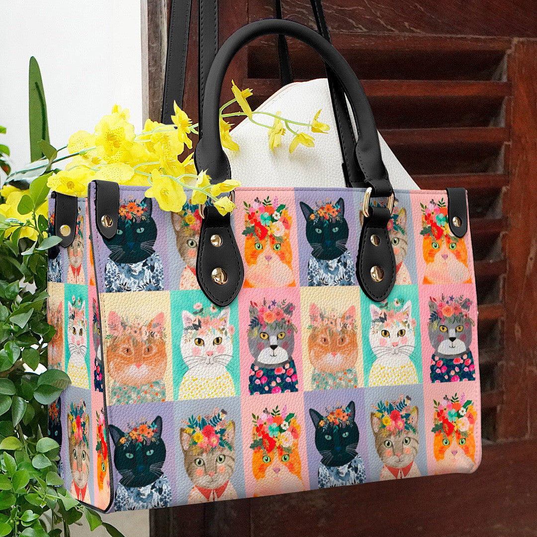 Cat Leather Bag Shineful Floral Mn8 Black