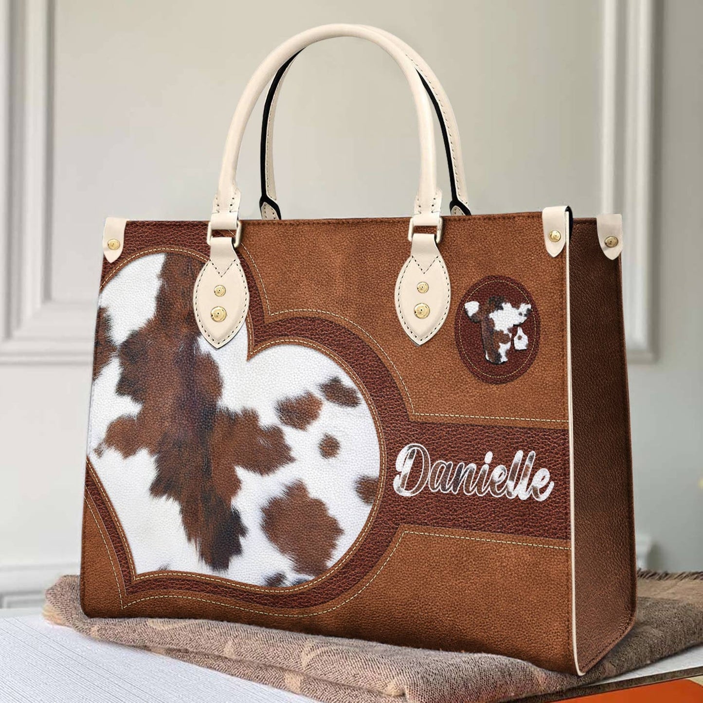 Cow Personalized Leather Bag Shineful Tl10 Creamy White