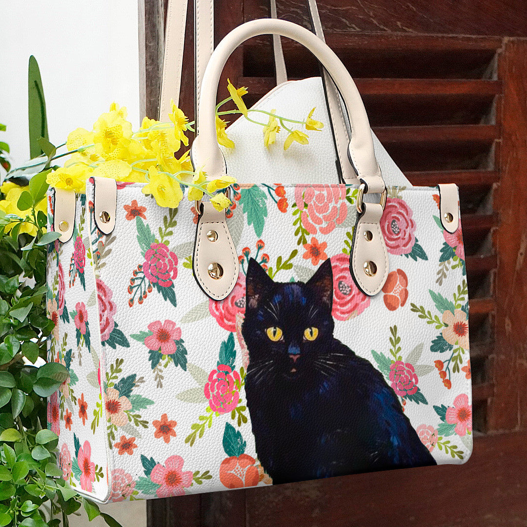 Cat Leather Bag Shineful Traditional Black & Flower Nl09