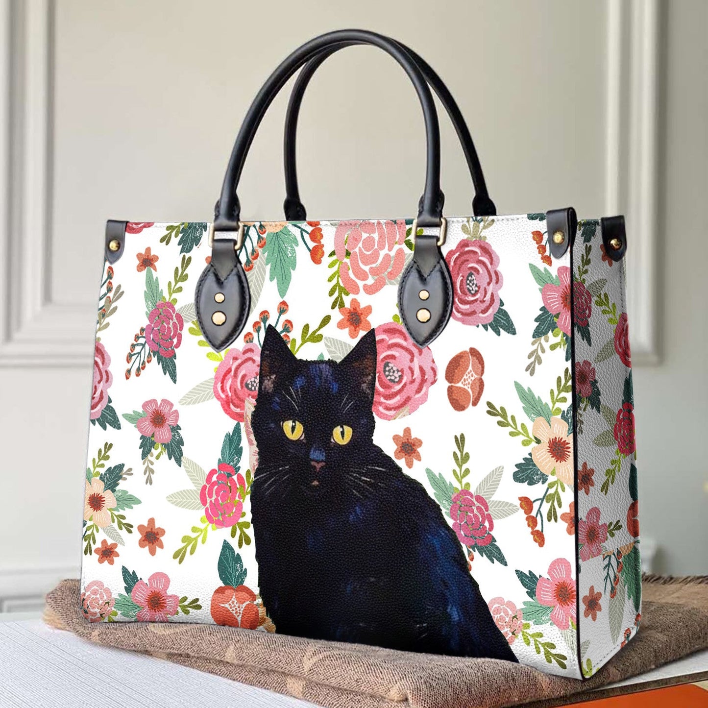 Cat Leather Bag Shineful Traditional Black & Flower Nl09