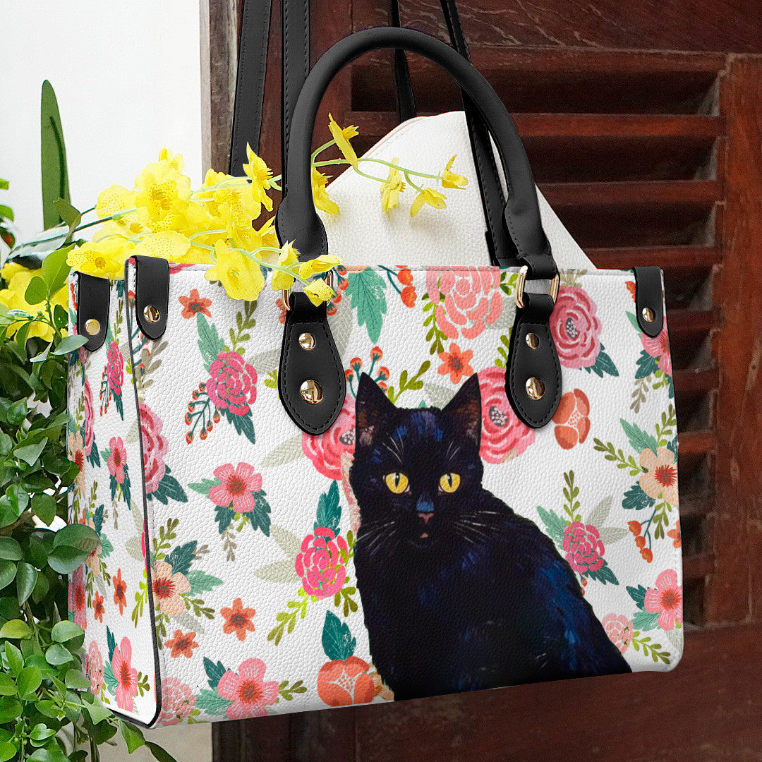 Cat Leather Bag Shineful Traditional Black & Flower Nl09