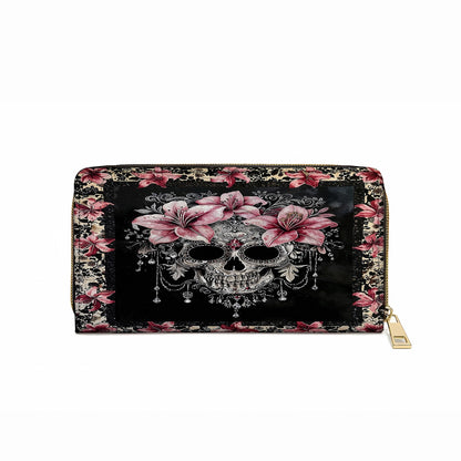 Shineful Leather Clutch Purse With Wristlet Strap Handle Beautiful Sugar Skull With Lilies