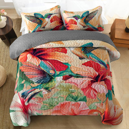 Shineful All Season Quilt 3-Piece Set Hummingbird and Hibiscus