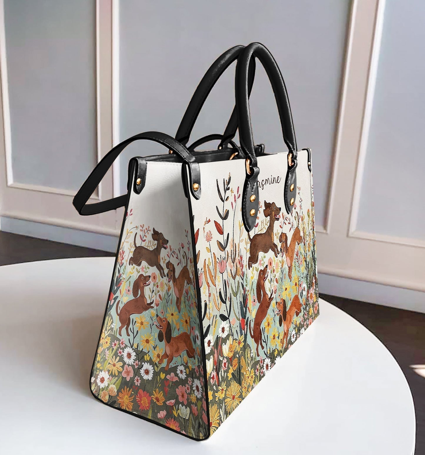 Shineful Leather Bag Personalized Dachshund Floral