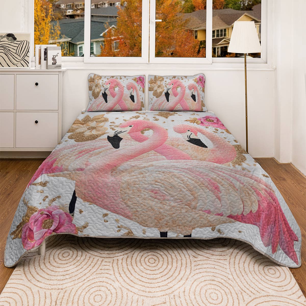 Shineful All Season Quilt 3-Piece Set - Golden Elegance Flamingo