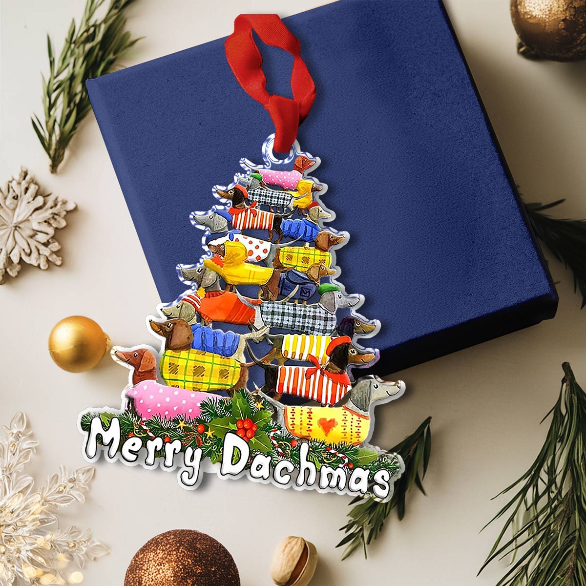 Shineful 2D Acrylic Ornament Festive Dachshund Stack