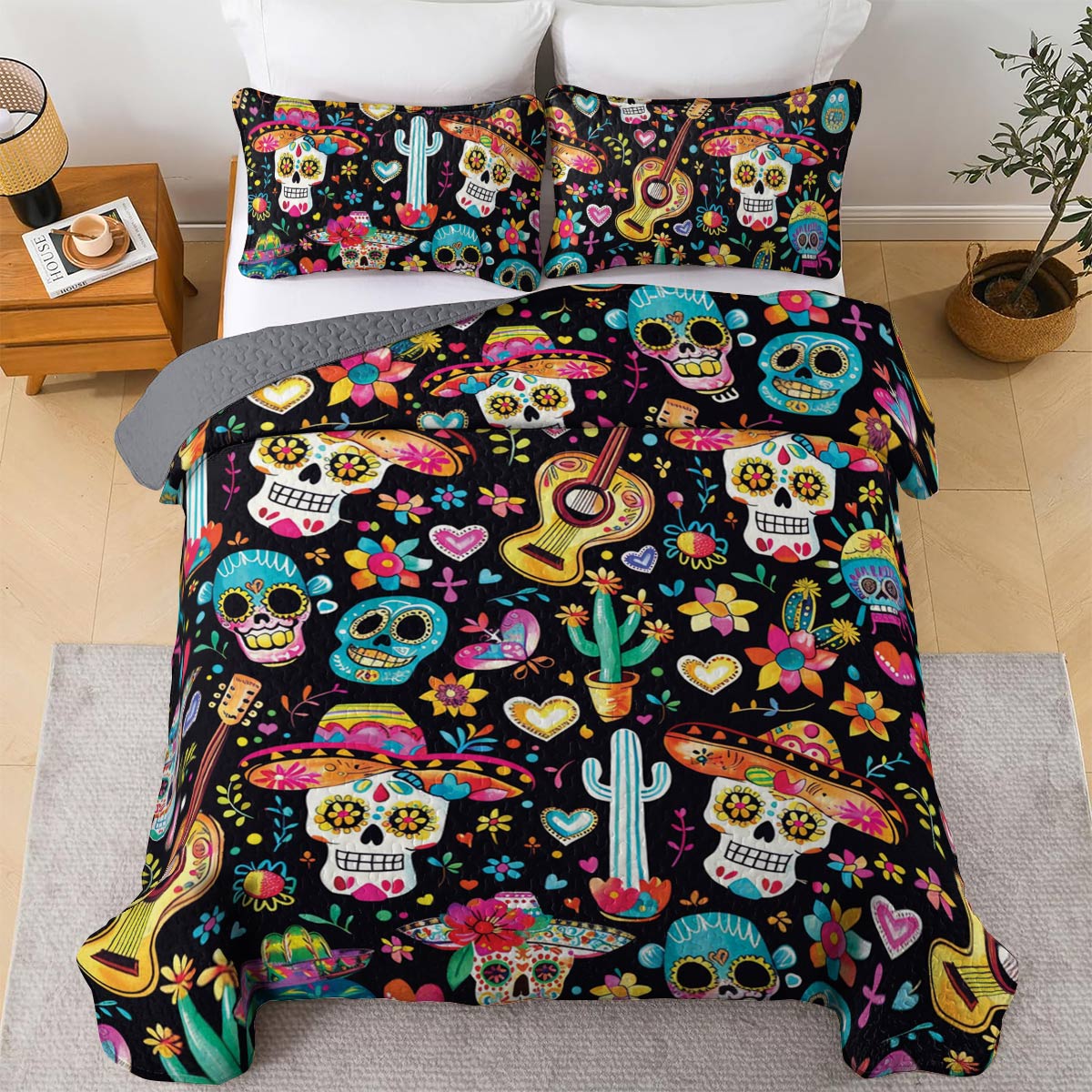 Shineful All Season Quilt 3-Piece Set Calavera Carnival