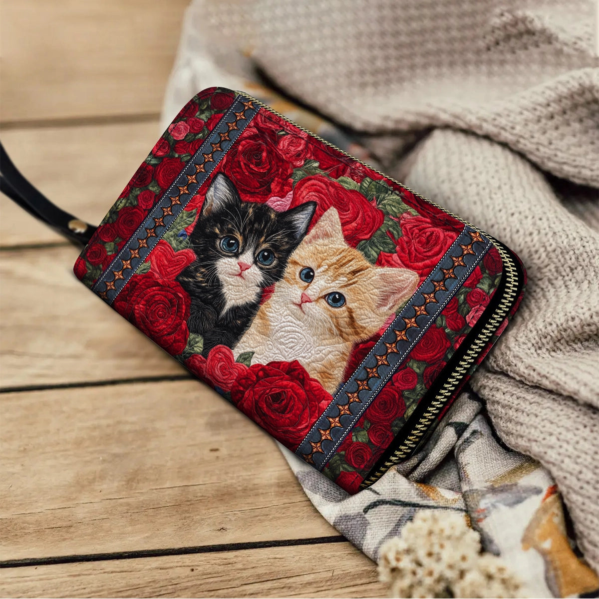 Shineful Leather Clutch Purse With Wristlet Strap Handle Cat Purrfect Rose Companions