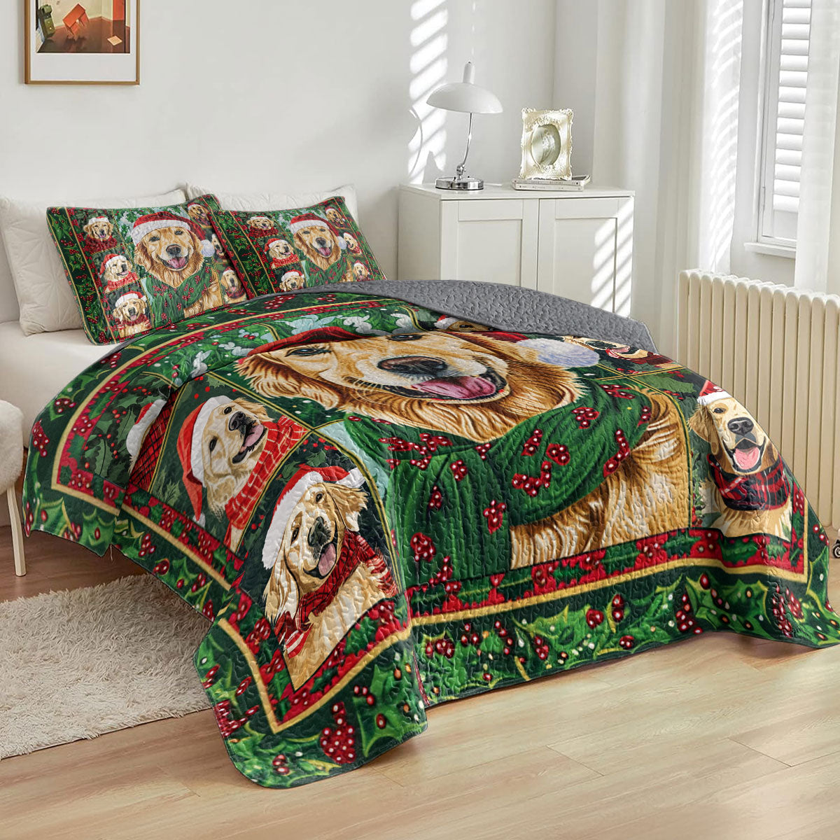 Shineful All Season Quilt 3-Piece Set Jolly Golden Retriever