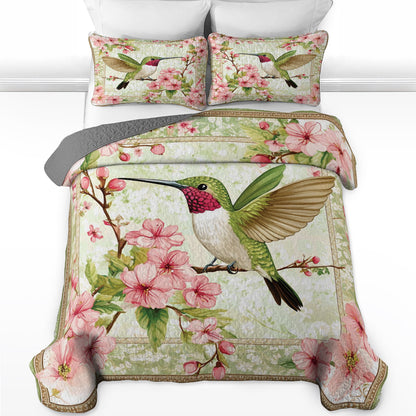 Shineful All Season Quilt 3-Piece Set Hummingbird And Cherry Blossoms