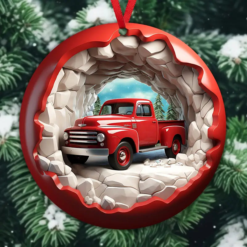 Glänzendes 2D-Ornament aus Acryl – Packungsrabatt Rote Lastwagen Weihnachten