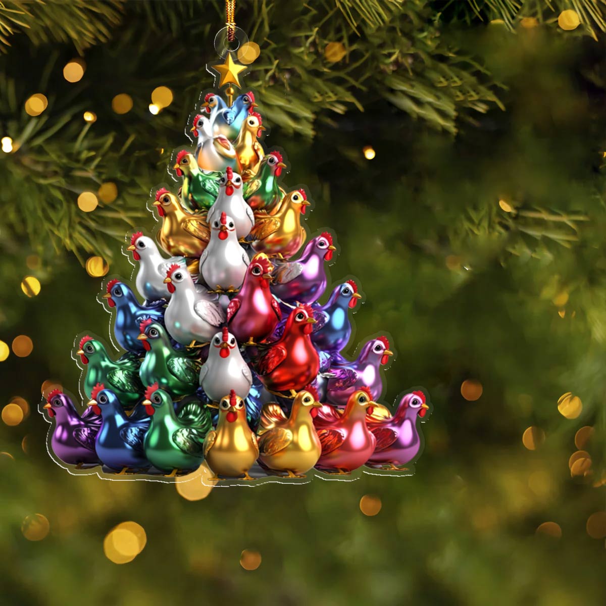 Glänzendes 2D Acryl Ornament Bunte Hühner Weihnachtsbaum