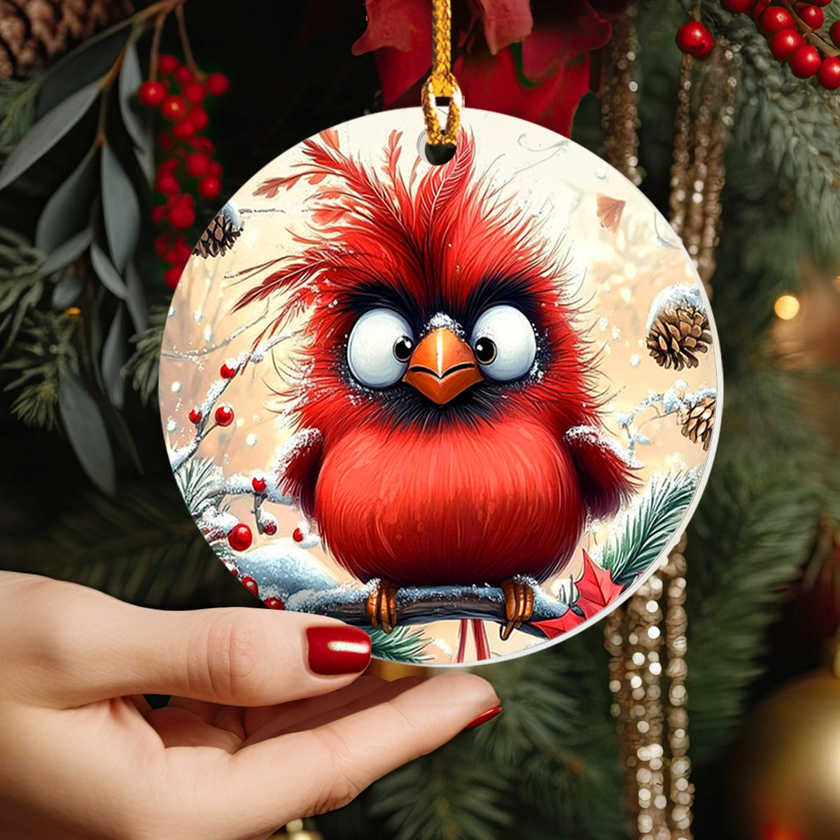 Shineful 2D Acrylic Ornament - Fluffy Festive Cardinal Cheer