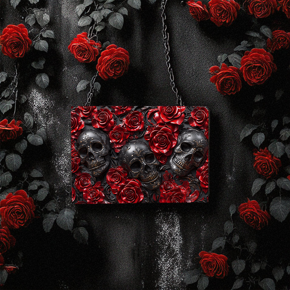 Glänzendes 2D Metallschild Muster Mystery Red Roses Skull