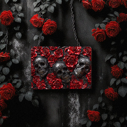 Glänzendes 2D Metallschild Muster Mystery Red Roses Skull