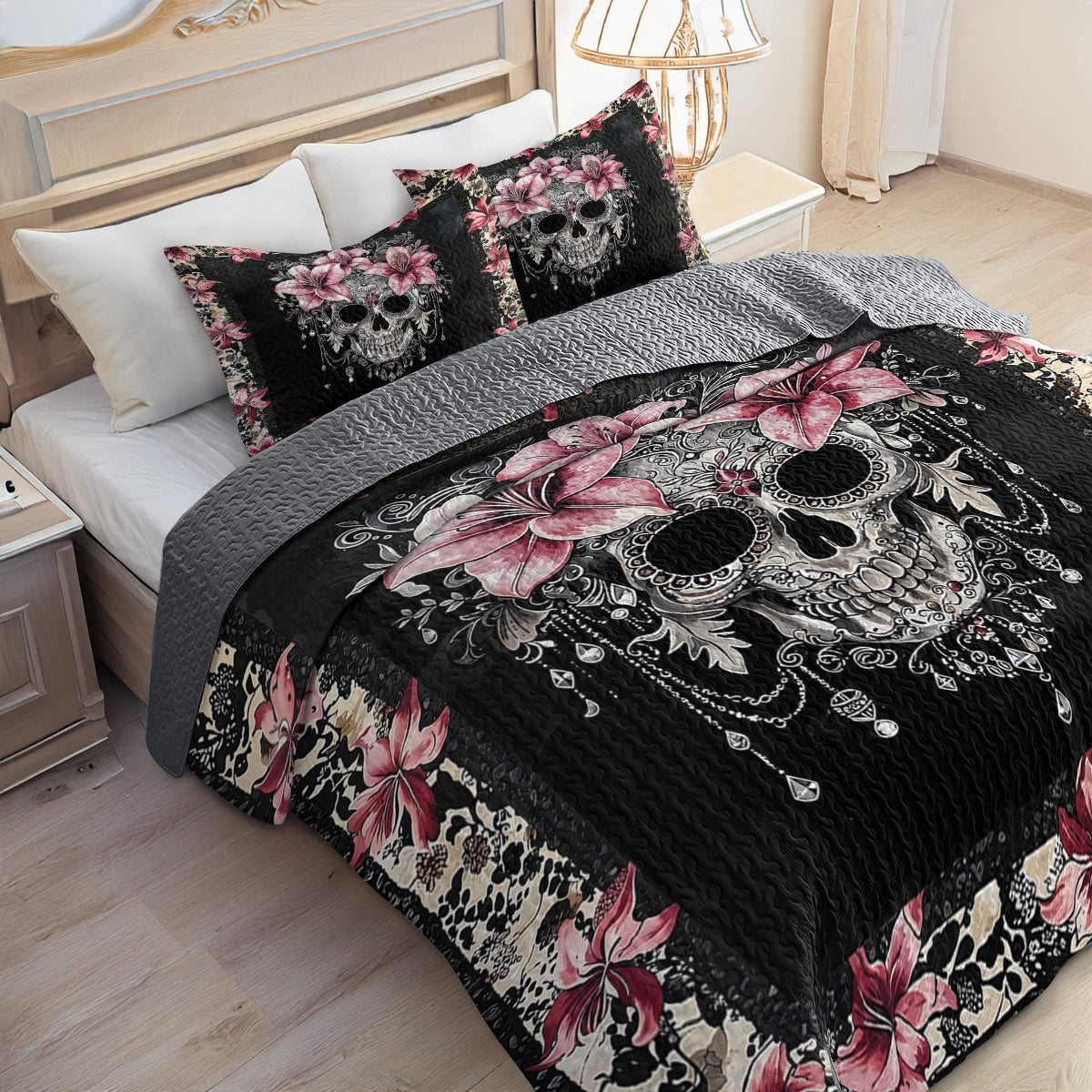 Shineful All Season Quilt 3-Piece Set - Beautiful Sugar Skull With Lilies