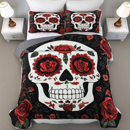 Shineful All Season Quilt 3-Piece Set - Roses & Skulls Elegance