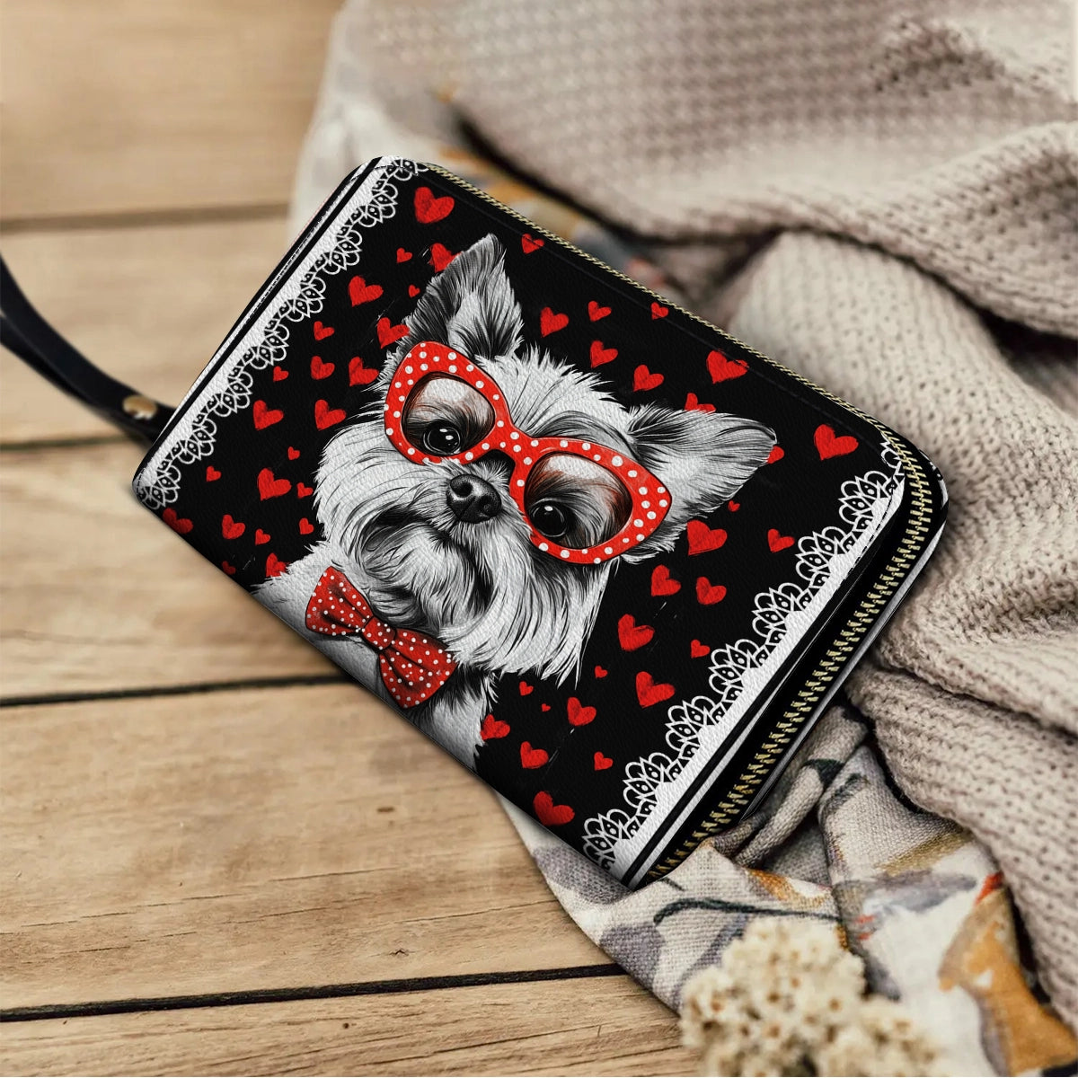 Pochette en cuir brillante avec dragonne Yorkie Heart &amp; Paws Love