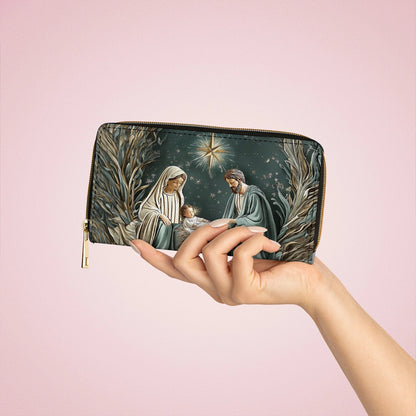 Glänzende Clutch aus Leder mit Trageriemen, Divine Silent Night Nativity